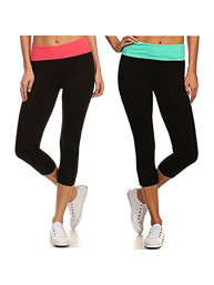 Yoga Leggings Capri with Fold Over Solid Waistband