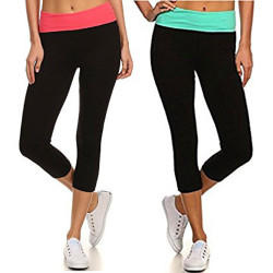 MOPAS Yoga Leggings Capri with Fold Over Solid Waistband