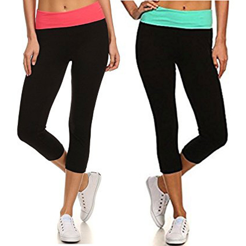 Yoga Leggings Capri with Fold Over Solid Waistband