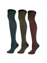 Women's 1 OR 3-Pair/Pack Fashion Shimmering Striped Over Knee High Sock