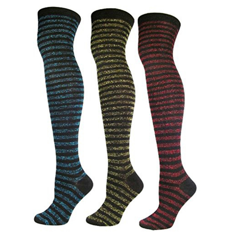 Women's 1 OR 3-Pair/Pack Fashion Shimmering Striped Over Knee High Sock