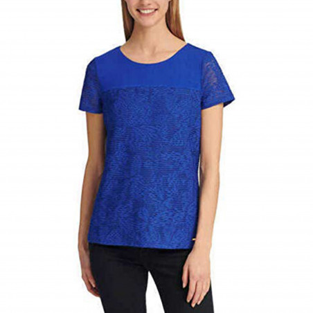 Calvin Klein Women's Short Sleeve Mesh Overlay Double Layer Tee (Atlas Blue, M)