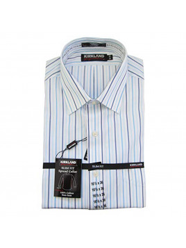 Kirkland Signature Men's Slim Fit Dress Shirt- Many Size, White/Blue Stripes (17 x 33/White)