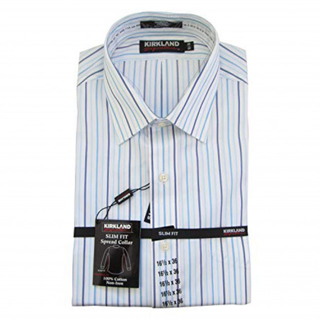 Kirkland Signature Men's Slim Fit Dress Shirt- Many Size, White/Blue Stripes (17 x 33/White)