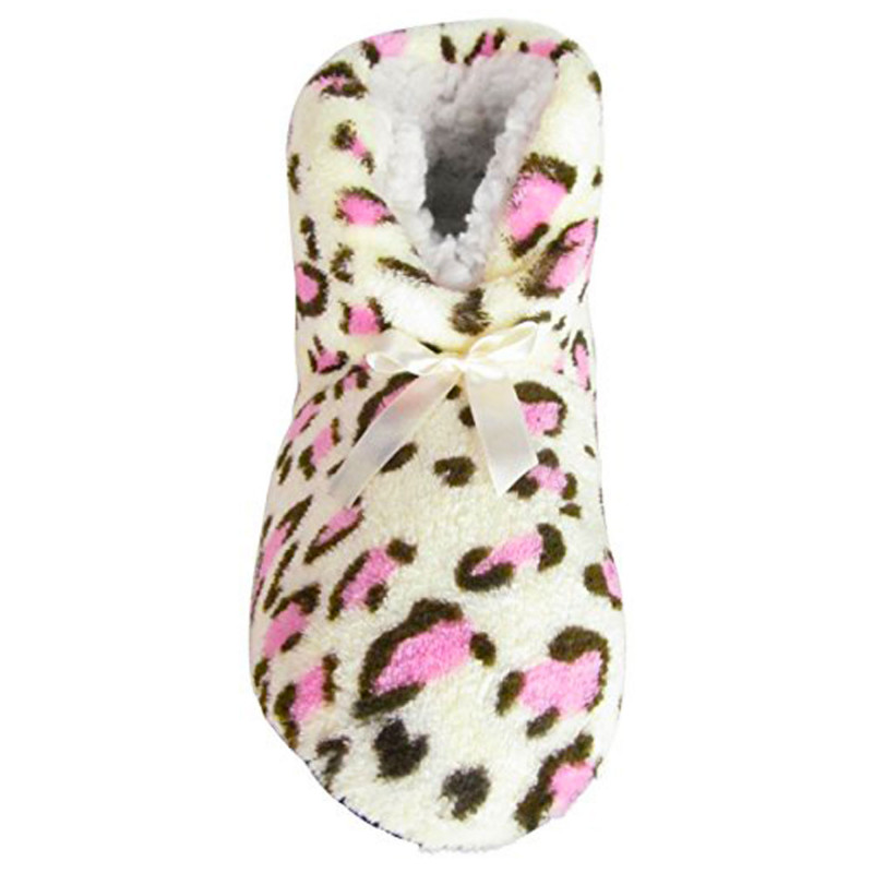 Womens Cozy Fleece Sherpa lined Leopard Printed Design with Plain Bow Slipper Sock Booties Foot size: 24-25c, Ivory_Pink