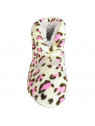 Womens Cozy Fleece Sherpa lined Leopard Printed Design with Plain Bow Slipper Sock Booties Foot size: 24-25c, Ivory_Pink
