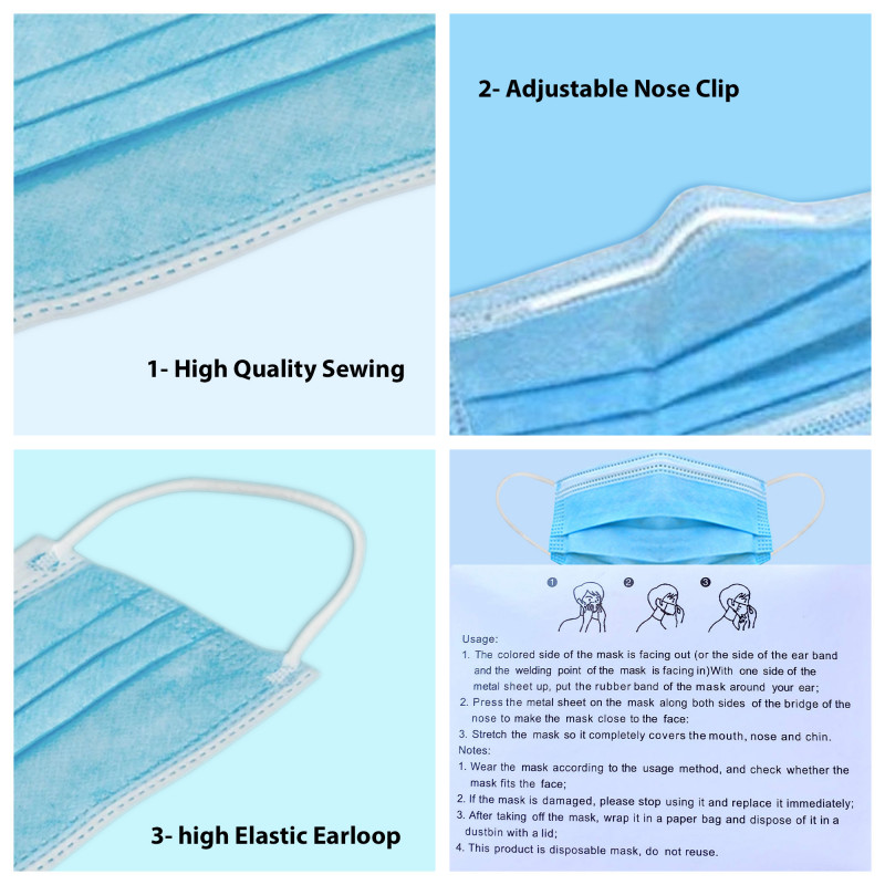 Pacificlane Disposable 3 Layered Ear Loop Safety Face Masks Breathable, Comfortable for Protection, From , Dust, Allergens 50pc